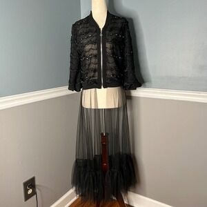 Hush long Black Embellished tulle Bomber‎ Jacket Sheer Duster Ruffle Trim Medium